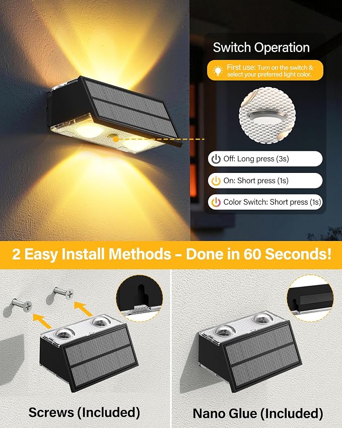 Solar Fence Lights Outdoor, 100LM Fence Lights Solar Powered Waterproof, 9 Color Modes, Up & Down LED Focused Beam, 12H Dusk to Dawn Glow for Pool/Patio/Wall/Backyard - 2 Pack, Black