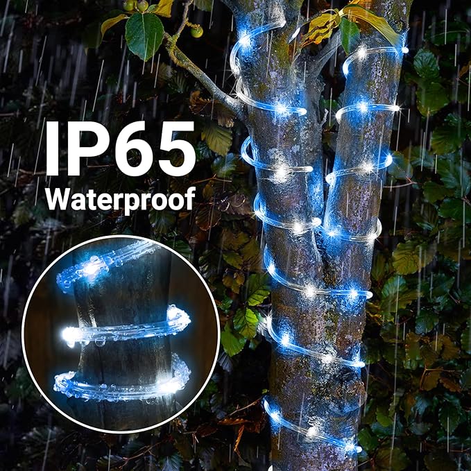 Solar Rope Lights, 2 Packs Total 132ft 400LED Solar String Lights, 8 Modes Waterproof Solar Powered Outdoor Light, Flexible Clear Tube Light for Garden Yard Patio Deck Porch Tree Xmas Decor-White&Blue