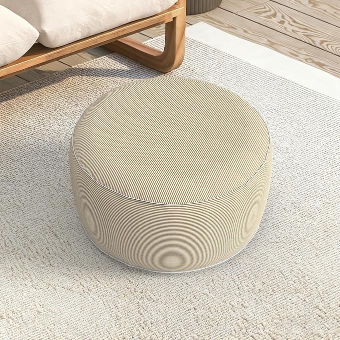 LVTXIII Indoor/Outdoor Large Inflatable Ottoman Pouf D31 x H14 Inch, Round Footstool with Handle, Weather-Resistant Portable Furniture for Patio, Camping, Beach, Stripe Beige