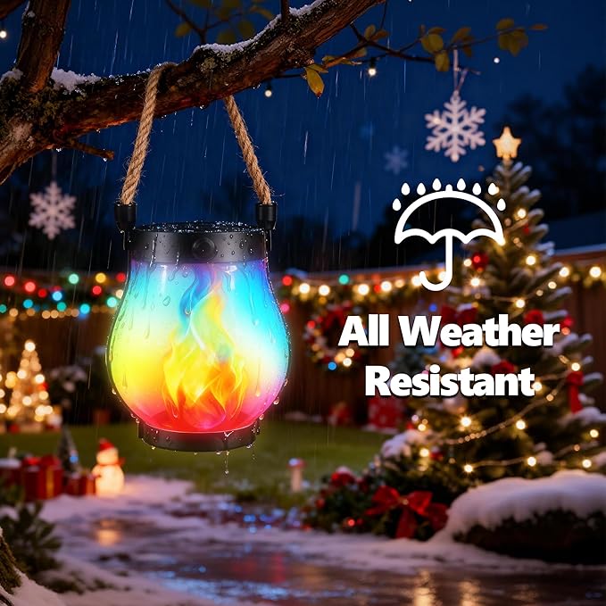 Jyoiat Christmas Solar Flame Lantern Hanging Outdoor Waterproof - Dancing Flame Lanterns with Dual Charging Modes of Solar & USB for Garden or Yard Decorations (Multicolor - 1 Pack)