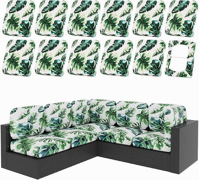 hyha 12Pcs Patio Cushion Covers, Stretch Outdoor Couch Cushion Covers, Washable Outdoor Chair/Sofa Slipcovers for Patio Furniture Cushions Protector with Elastic Bottom(Monstera Deliciosa,Cover Only)