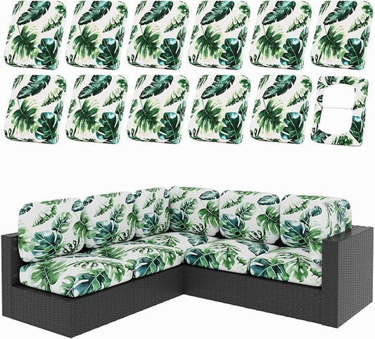 hyha 12Pcs Patio Cushion Covers, Stretch Outdoor Couch Cushion Covers, Washable Outdoor Chair/Sofa Slipcovers for Patio Furniture Cushions Protector with Elastic Bottom(Monstera Deliciosa,Cover Only)