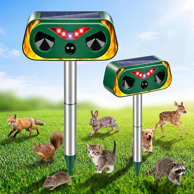 2026 Upgraded Solar Ultrasonic Animal Repellent Outdoor, Waterproof Deer Cat Dog Squirrel Raccoon Rabbit Deterrent with Motion Sensor & Flashing Light for Yard Garden Lawn Farm (2-Pack)