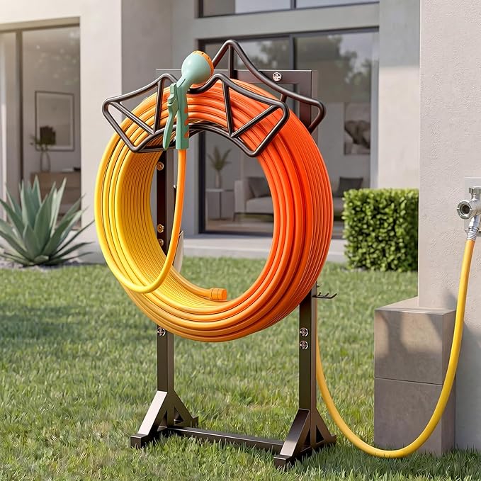 Garden Hose Holder Holds 160Ft Hoses, Heavy-Duty Freestanding Hose Reel with 2 Tool Hooks, Rustproof Freestanding Hose Stand with 4 Spikes Water Hose Hanger Storage Reel Rack for Outside, Yard, Lawn