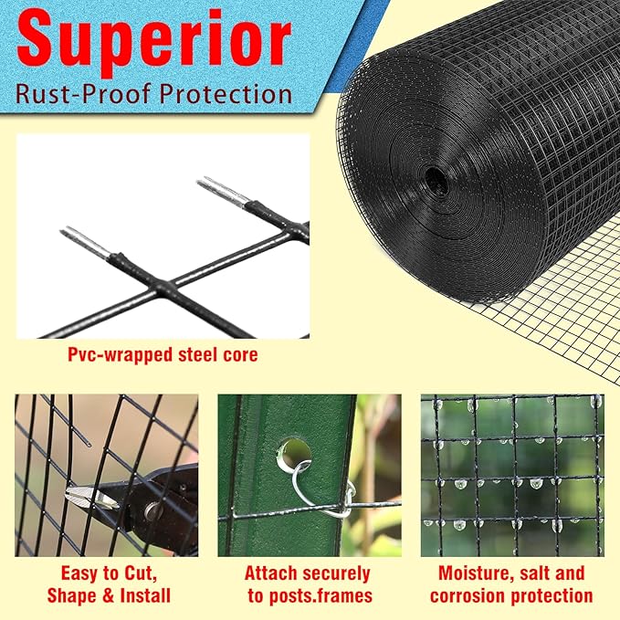 Black Hardware Cloth 1/2inx48inx100ft, 19GA, Chicken Wire Fencing Roll, Black Chicken Wire Mesh, Vinyl PVC Coated Welded Wire Mesh for Chicken Coop Barrier, Rabbit Snake Poultry Fences