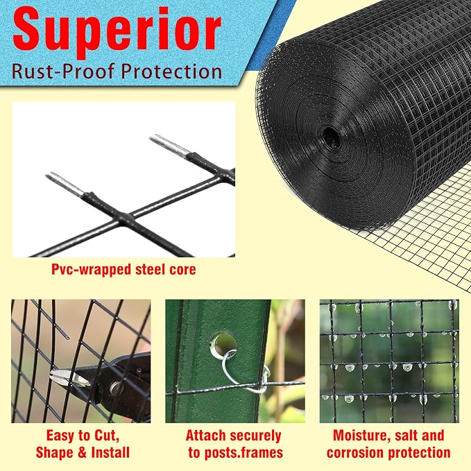 Black Hardware Cloth 1inx36inx100ft, 17GA, Chicken Wire Fencing Roll, Black Chicken Wire Mesh, Vinyl PVC Coated Welded Wire Mesh for Chicken Coop Barrier, Rabbit Snake Poultry Fences