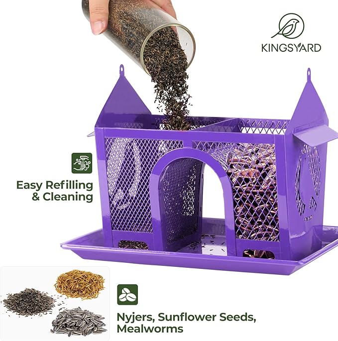 Kingsyard Bird Feeder for Outdoors Hanging, Dual-Use Metal Mesh Wild Bird Feeders with Seed Tray & Weatherproof Roof, 3 lbs Large Capacity, Purple