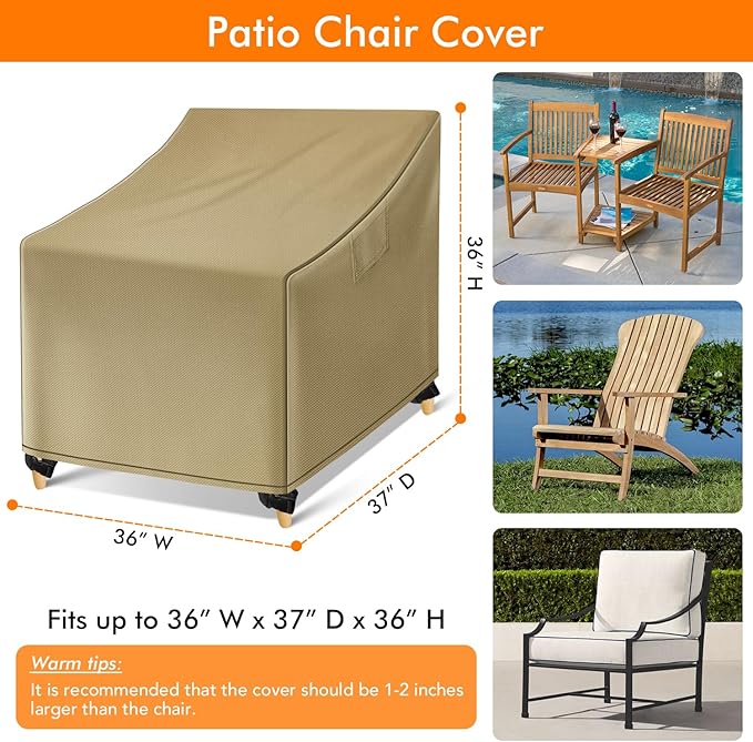 WLEAFJ Outdoor Chair Covers Waterproof, Khaki Lawn Patio Furniture Covers, Heavy Duty Wicker Garden Sofa Chair Cover, 2 Pack - 36" W x 37" D x 36" H