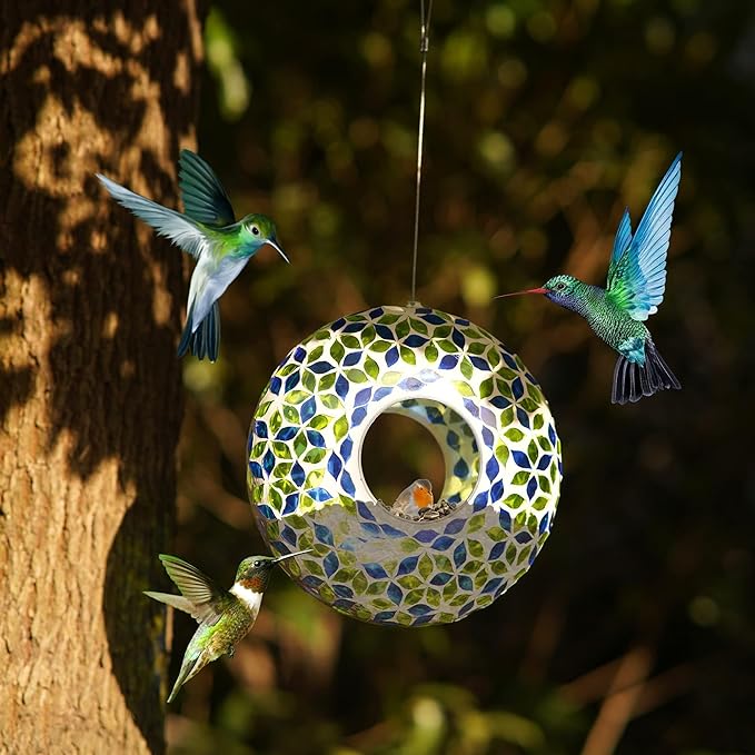 DUSVALLY 9 Inch Fly Through Bird Feeder for Wild Birds, Colored Glass Mosaic Outdoor Hanging Feeder - Squirrel Proof Design, Easy Clean, Weather Resistant for Garden Patio Hummingbirds Finches