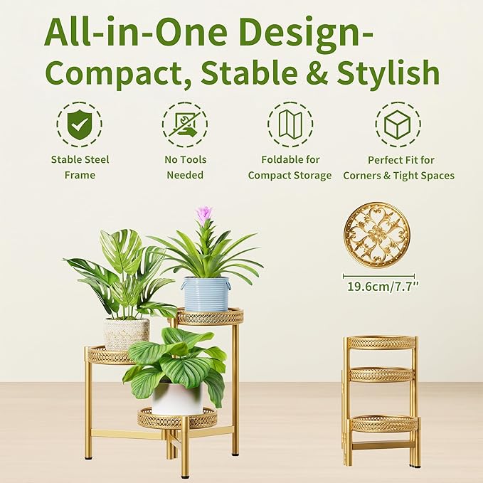 Metal Plant Stand Indoor Outdoor, 3 Tier Corner Plant Shelf for Multiple Plants, Gold Tiered Plant Stand, Heavy Duty Flower Holder, Folding Tall Rack for Garden Patio Balcony - GoldWave