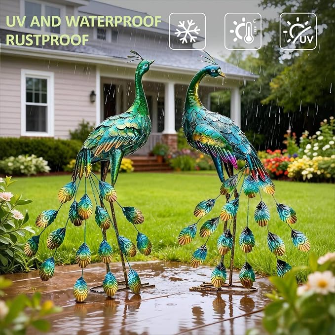 Kircust Metal Peacock Staues for Outdoor Garden | Yard Art Sculptures, Weather-Resistant, Hand-Painted, 30.7"H, For Backyard, Patio, Porch