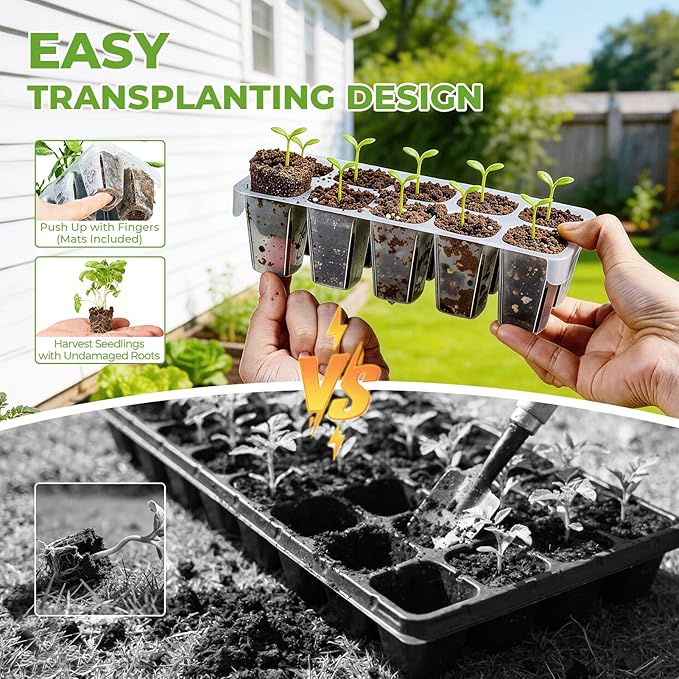 HIRALIY 40 Cell Seed Starter Tray Kits with Grow Light, Reusable Plant Germination Trays, Easy Transplanting, with Domes and Bases, for Starting Vegetable, Flower, Herb, Indoor Gardening, Greenhouse