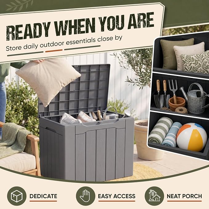 Flamaker Deck Box 30 Gallon, Waterproof Resin Small Storage Box with Lid, Outdoor Patio Furniture Cushion Garden Tool Organizer, Lockable Package Delivery Box for Porch Balcony (Gray)
