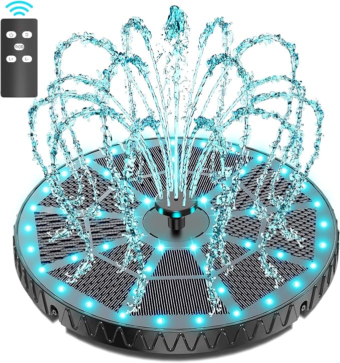 Yzert Remote Solar Fountain Adjust Spray Height with Fantastic Colorful Lights, 2026 6W Solar Bird Bath with 4000 mAh Battery, Solar Water Fountain Pump for Outdoor, Garden Decor, Pond, Pool (54LEDs)