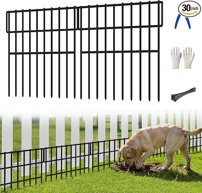 ULIOK 30 Panels Garden Fence Animal Barrier, Animal Barrier Fences No Dig Fence, 42.5ft(L) x 13in(H) Dog Fencing Rabbit Fences, 1.5in Spike Spacing Rustproof Metal Fences Border for Outdoor Yard