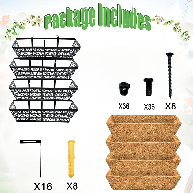 Railing Planter Window Boxes Round Hole Horse Trough Planter with Coco Fiber Liner Deck Balcony Rail Planter Black Metal Hanging Flower Planter Window Basket for Outdoor Porch Fence (4 Pack, 24 Inch)