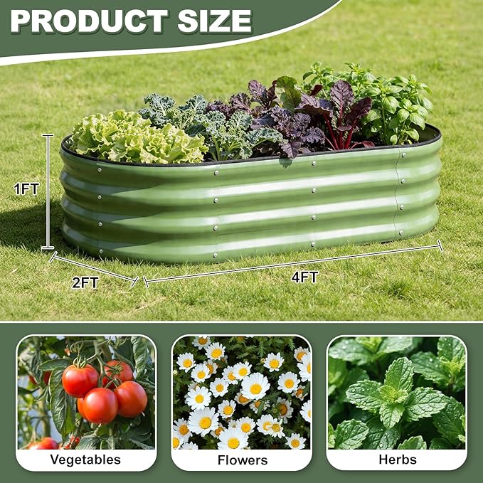 1MORE Galvanized Raised Garden Bed- Planter Garden Boxes Outdoor, Raised Beds for Gardening, 4x2x1ft Metal Garden Bed Kit for Vegetables Flower, Planter Raised Beds with Tools.Green