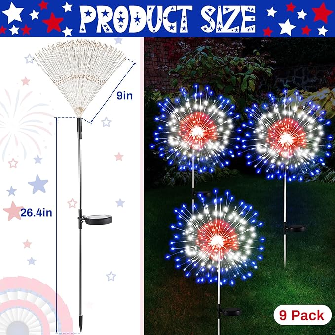 Tujoe 9 Pcs 4th of July Solar Firework Lights Patriotic Solar Light Outdoor Garden 120 LED 8 Modes Waterproof LED Sparkler Light for 250th Anniversary Patio Yard Pathway Walkway (Colorful)