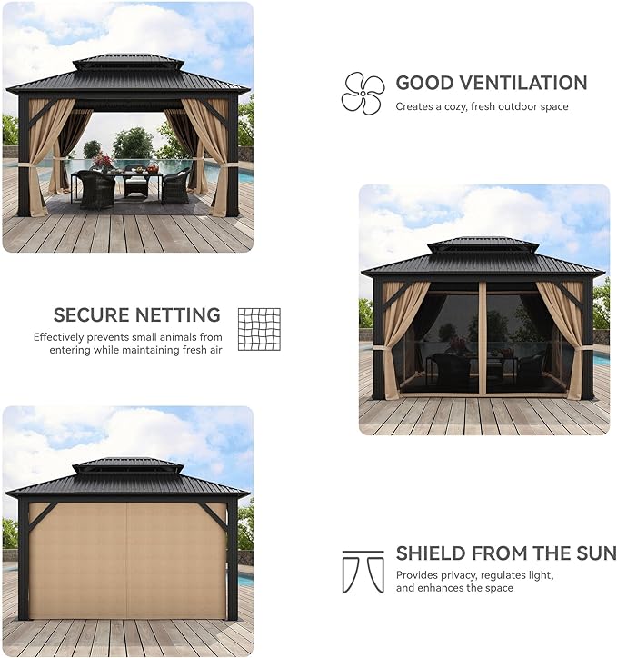 YITAHOME 12x14ft Gazebo Double Roof Hardtop Canopy Outdoor Heavy Duty w/Nettings and Curtains, Upgraded Aluminum Column Galvanized Steel Vertical Stripes Roof for Patio, Backyard, Deck, Lawns, Brown