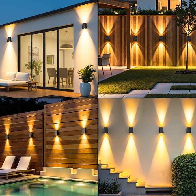 6 Pack Solar Wall Lights Outdoor Waterproof Up and Down 2 LED Fence Sconce for House, Patio, Porch, Yard, Garden, Garage and Pool for Security and Decorative Lighting, Wall Mounted Install(Warm White)