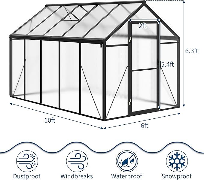 Garvee 6 x 10 ft Greenhouse, Greenhouses for Outside, Polycarbonate Greenhouse with Aluminum Frame, Lockable Door and Ajustable Roof Vent for Backyard, Green Houses for Outside Garden Backyard, Patio