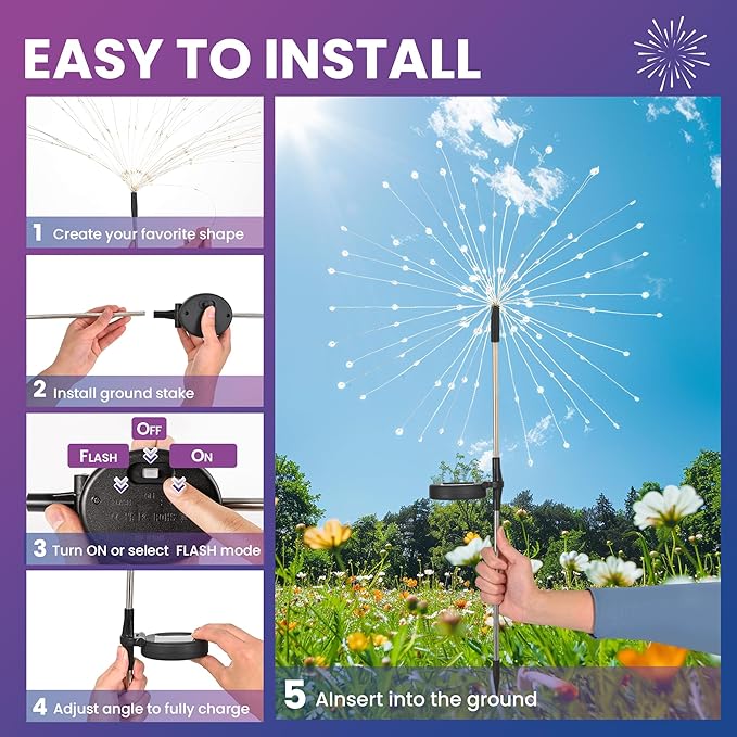 PEVOROS Garden Decor Solar Lights Outdoor,120LED Waterproof Colorful Solar Fairy Garden Lights for Outdoor Decoration,Yard, Patio, Porch,Flower Pot,Pathway, for 4th of July(6Pack)