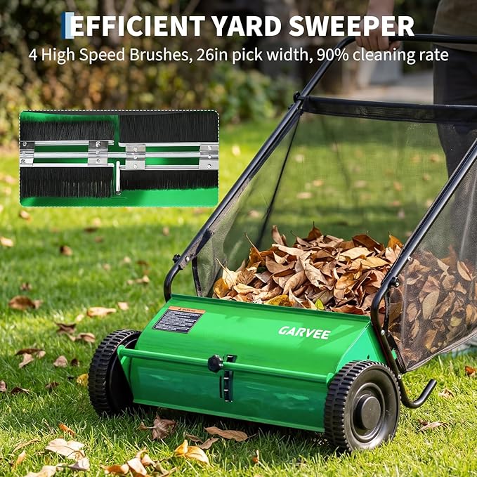 26 Inch Push Lawn Sweeper, 7 Cu. ft Grass Cutter, 4 High-Speed Spinning Brushes, Durable Steel Construction, Walk-Behind Leaf & Grass Collector for Yard Cleanup