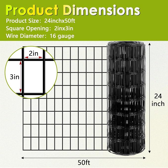 Gbekery Black Hardware Cloth 2 x 3inch, 24in x 50ft 16 Gauge, PVC Coated Galvanized Steel Chicken Wire Fence Roll Garden Plant Welded Metal Wire Fencing Roll, Rabbit Cages Snake Fence