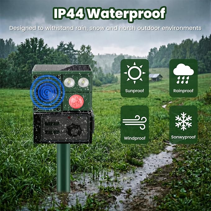 Solar Ultrasonic Animal Repellent Outdoor, 2026 Upgraded Cat Repellent with PIR Sensor & Flashing Light, Deer Repellent Devices Cat Raccoon Squirrel Rabbit Skunk Deterrent for Patio Garden