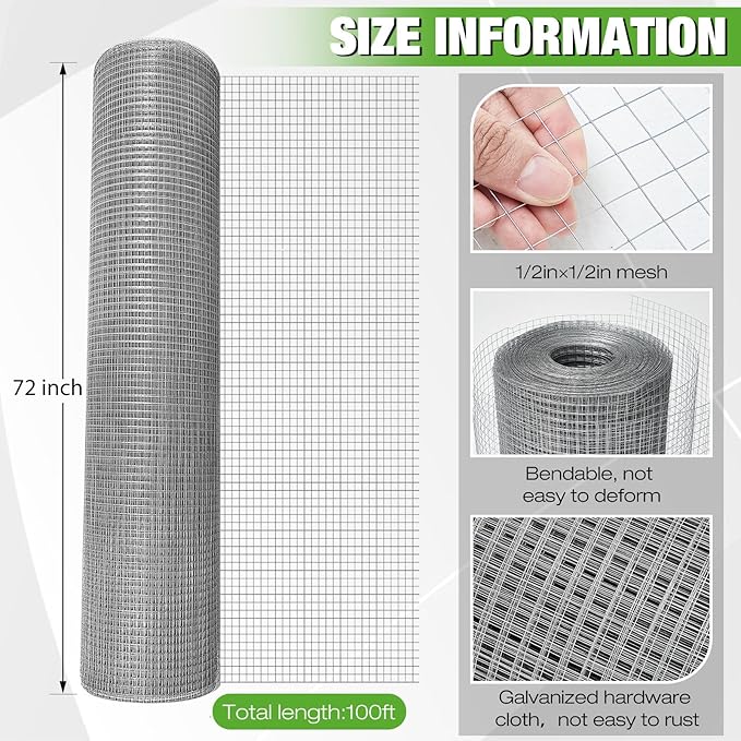 Tatuo Hardware Cloth 1/2 Inch 72in x 100ft Hot Dip Galvanized After Welded Cage Mesh Rolls 21 Gauge Metal Chicken Wire Roll Wire Fencing Poultry Netting for Raised Garden Rodent Animals