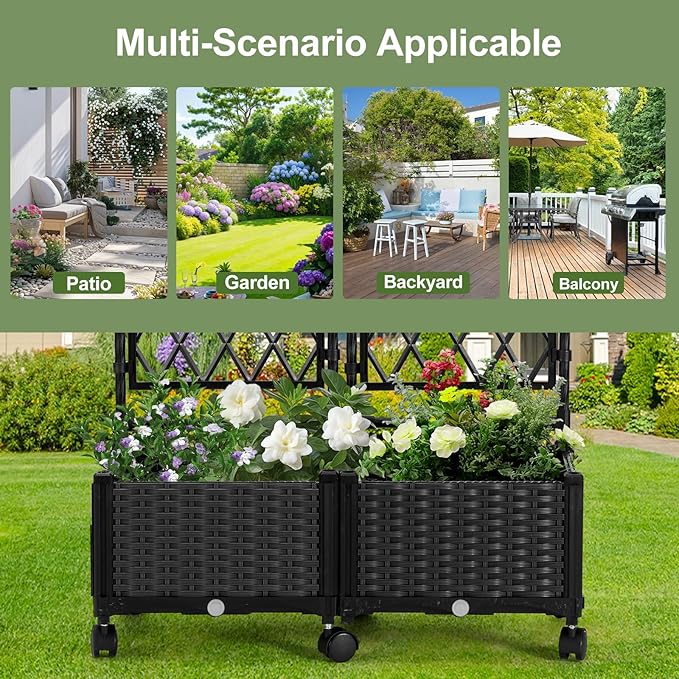 FOLLOOK Planter Box with Trellis, 4ft Tall Self-Watering Plastic Raised Garden Beds and Lattice Trellis with Lockable Wheels & Drain Plug for Outdoor Patio Backyard Balcony, Black, 2 Pcs