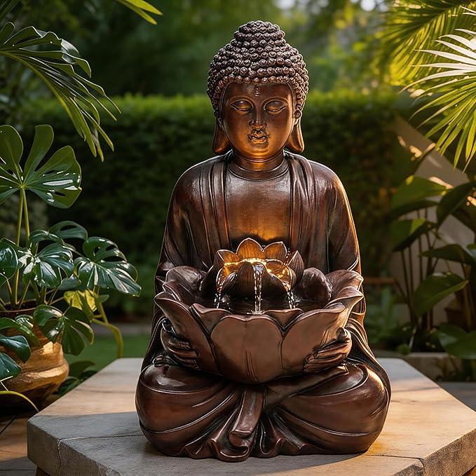 AUTODAYA 18.9" H Buddha Outdoor Water Fountain, Zen Style Garden Fountain with LED Lights and Pump, Relaxing Waterfall for Patio, Porch, or Yard Decor, Faux Bronze