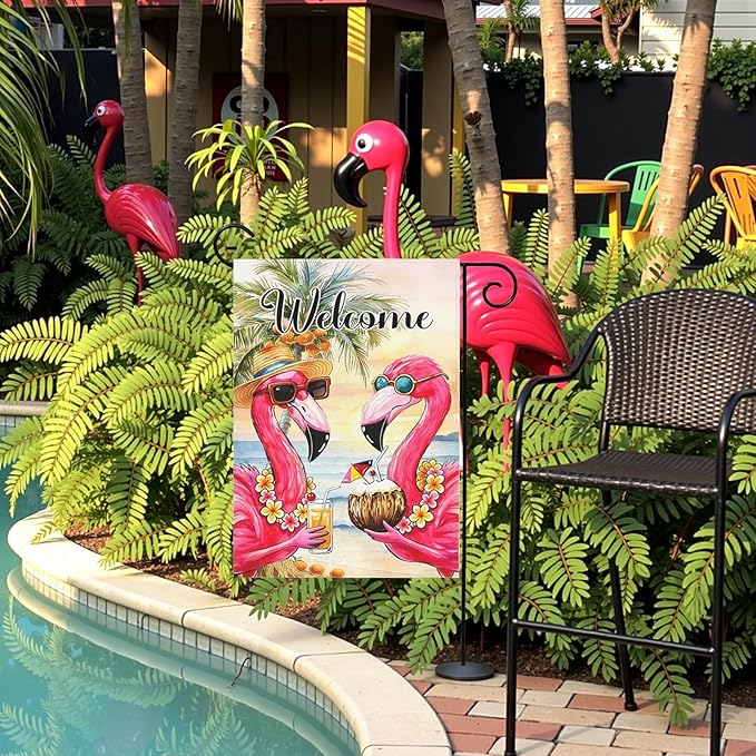 Welcome Garden Flag Flamingo Tropical Beach Scene Yard Flags Summer Coastal Island Double Sided Polyester Pink Flamingo House Banner for Lawn Pool Palm Tree Seaside Home Decor 12 x18 Inch