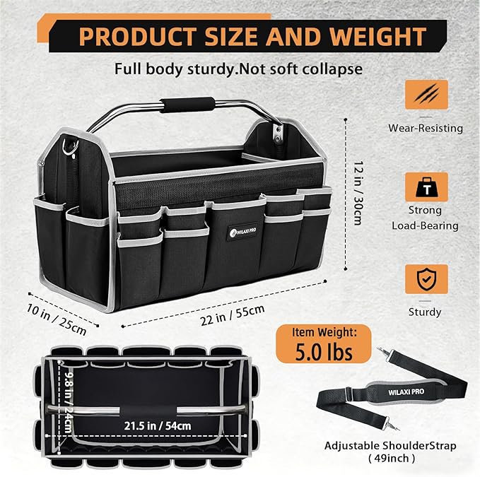22in Tool Bags For Men Heavy Duty, 33 PCS Pockets Tool Bag Organizer Foldable Open Top Tool Bag With Handle, Wide Mouth Electrician Tool Tote, Grey