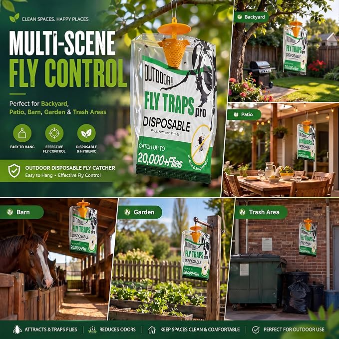 Fly Traps Outdoor Hanging 6 Pack, Add Water Outdoor Flying Insect Trap Fly Traps, Portable Disposable Fly Catcher for Backyard, Ranch, Farm, Barn, Patio & Garbage Areas