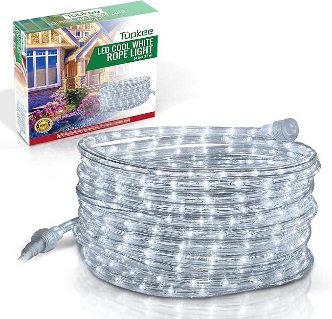 Tupkee LED Rope Light Cool-White - 24 Feet (7.3 m), for Indoor and Outdoor use - 10MM Diameter - 144 LED Long Life Bulbs Decorative Rope Tube Lights