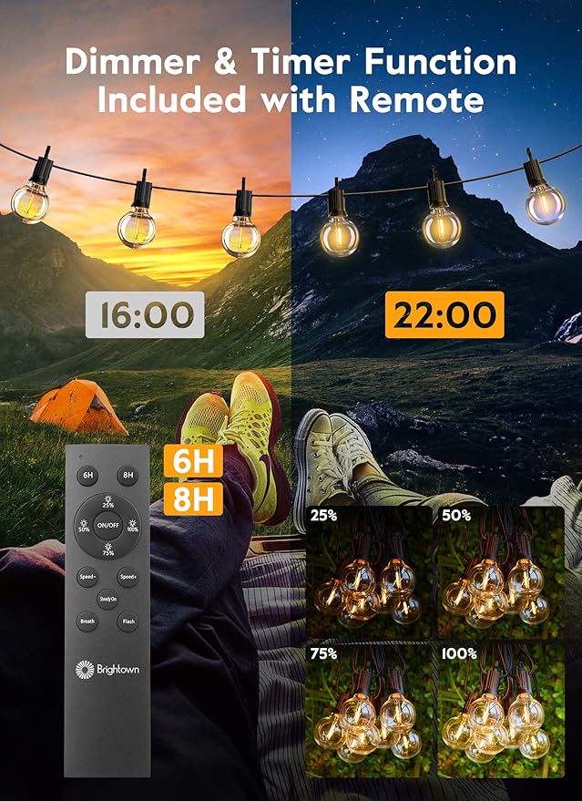 Brightown Outdoor String Lights, 58FT 25 Shatterproof LED Bulbs with Remote and Zip Ties, Waterproof Dimmable Patio Hanging Lamps for Porch, Balcony, Bistro, Cafe, Deck, Backyard