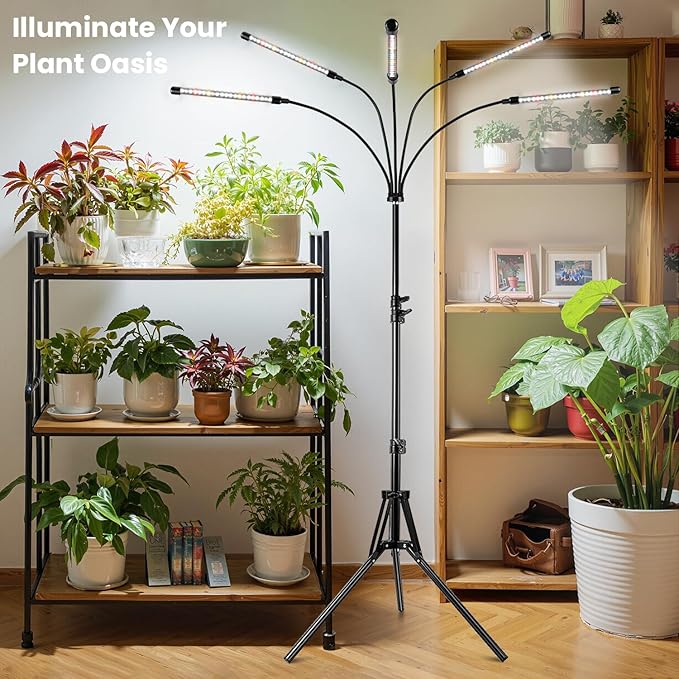 Garpsen Grow Lights for Indoor Plants, [2Pack] 100 LEDs Full Spectrum Plant Light with Timer 6/12/16H, 6000K Grow Lamp with 15~63''Adjustable Stand & Gooseneck, 3 Light Modes, 5 Levels Dimmable