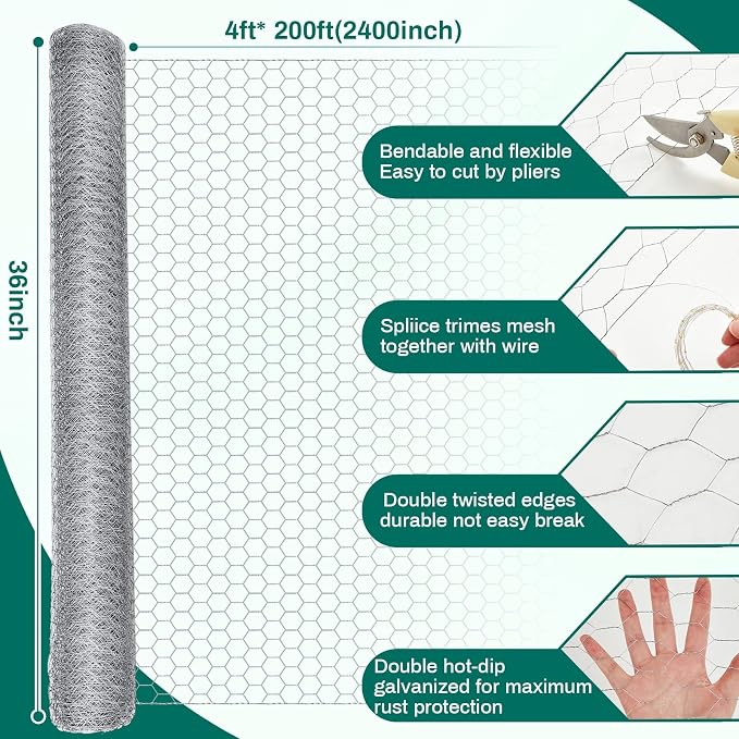 GlikCeil 36 in x 200 ft Chicken Wire Fencing Metal Floral Chicken Wire Mesh for Crafts Poultry Garden, 1 Inch Hexagonal Galvanized Hardware Cloth Netting for Poultry Coop Barrier Rabbit Cage(Silver)
