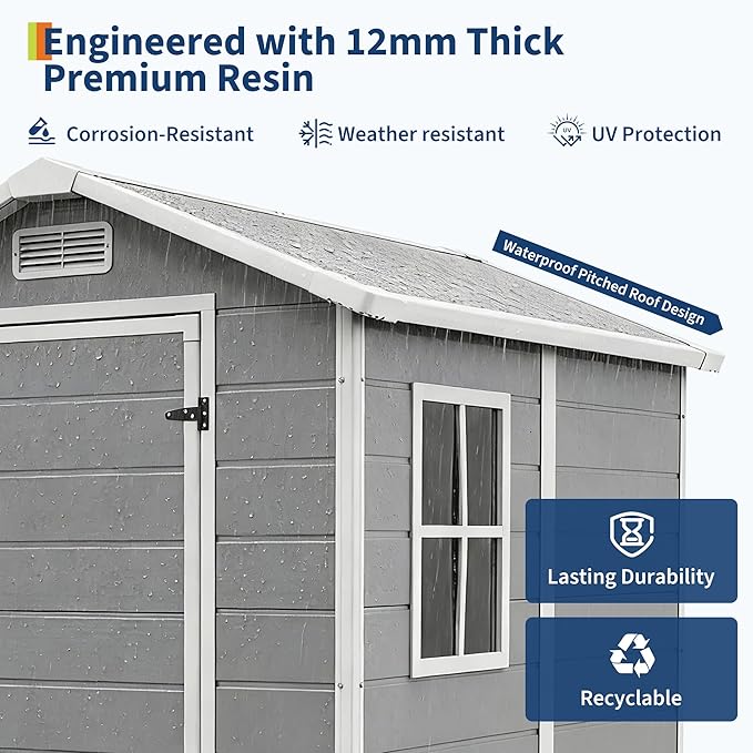 4x6 ft Outdoor Storage Shed with Floor, Plastic Resin Garden Shed with Window & Lockable Door, Tool Shed for Patio, Backyard, Lawn Mower, Bike Storage