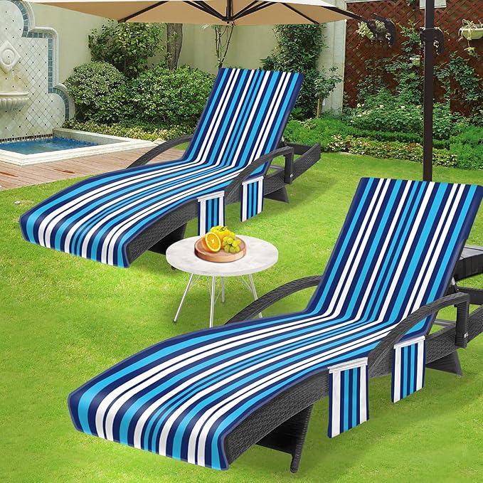 Lounge Chair Towel Cover, Beach Chair Covers (Pack of 2), Chaise Lounge Cover with 3 Pockets for Pool Beach Garden Courtyard Outdoor Trips, 85 x30 in,Striped Dark Blue White & Sky Blue