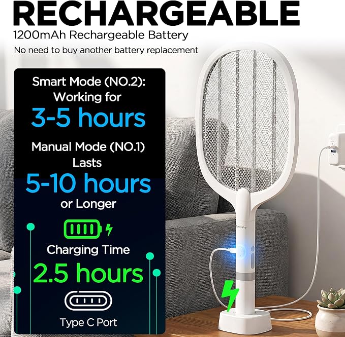 Fly Swatter Electric(2 Pack) Bug Zapper Racket, USB-C Rechargeable Electric Fly Swatter Portable Handheld Cordless Fly Swatter Racket to Kill Mosquitoes, Wasps, Gnats, Flies, Bugs, with Stand