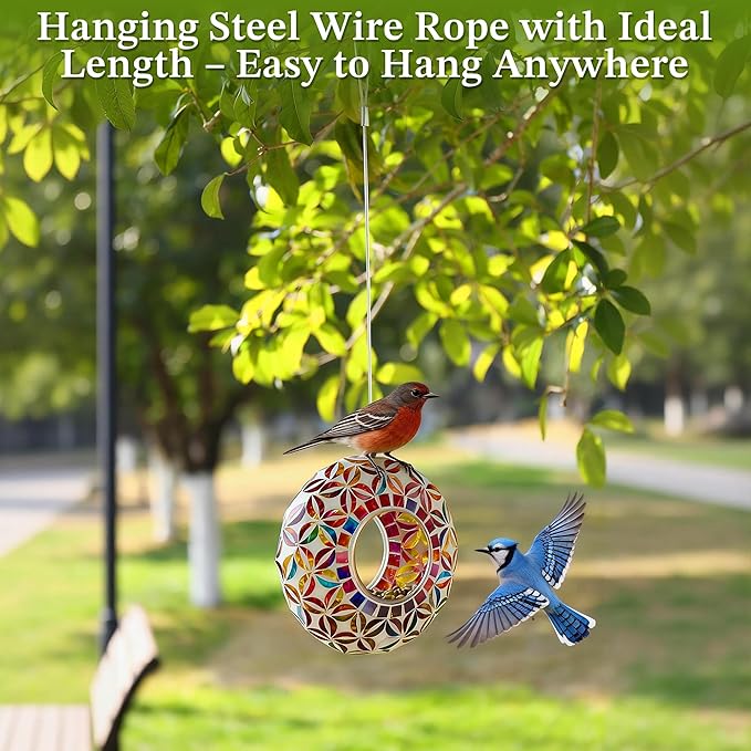 SAVENNA Mosaic Glass Hanging Bird Feeder, 6.3 Inch Handcrafted Outdoor Feeder with Steel Wire Rope, Decorative Garden & Patio Feeder for Wild Birds, Colorful Floral Mosaic Design