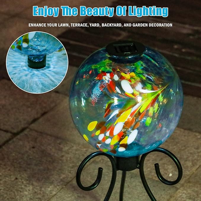 VCUTEKA Solar Gazing Ball, 10" Glass Gazing Balls Sphere with Solar Light for Garden Lawn Outdoor Ornament Yard Decorative, Swirl Lights