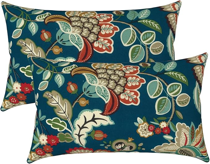 LVTXIII Set of 2 Patio Lumbar Pillows, 12" x 20" Fade Resistant Outdoor Lumbar Pillow with Inners, Fluffy Decorative Garden Lumbar Cushions for Home Patio Coach Sofa Use, Peacock Blue