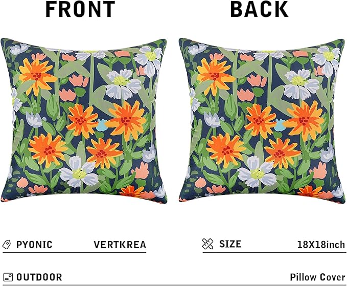 Pyonic Spring Summer Floral Outdoor Pillow Covers 18x18 inch Waterproof Throw Pillow Covers Outdoor Pillows for Patio Furniture Garden Bench Porch,Navy