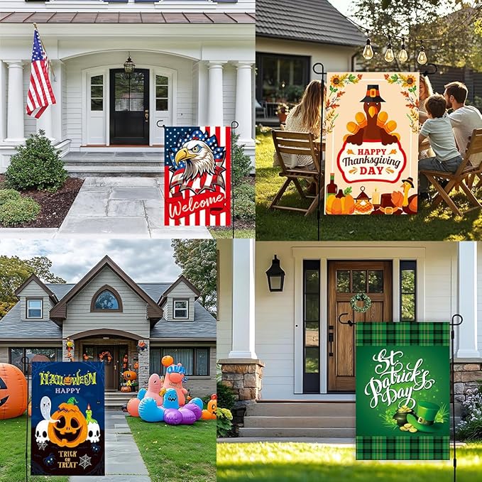 Seasonal Garden Flags Set of 12, 12 x 18 Inch Double-Sided Yard Flags for Spring Summer Fall Winter and Holiday Decorations, Weather Resistant Outdoor Welcome Flag Set (No.1)