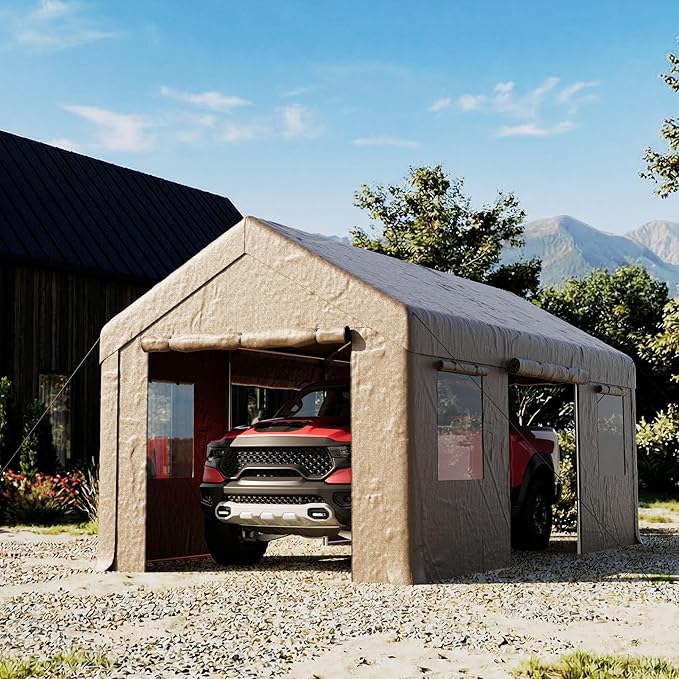 COSIEST 10'×20' Storage Shelter Outdoor Gable Roof Carport with Removable Side Walls, Heavy-Duty Garage Canopy Weatherproof PE Cover, Multi-Purpose Vehicle/Tractor Shed for Backyard/Driveway/Farm