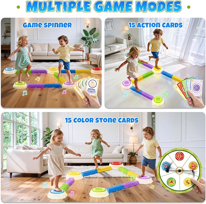 Wee Wonders Light Up Stepping Stones & Balance Beam for Kids, Step Stones with Piano Music, Game Spinner & 30 Cards, Non-Slip Sensory Obstacle Course Toys, Indoor Outdoor Gifts for Toddlers 3-5