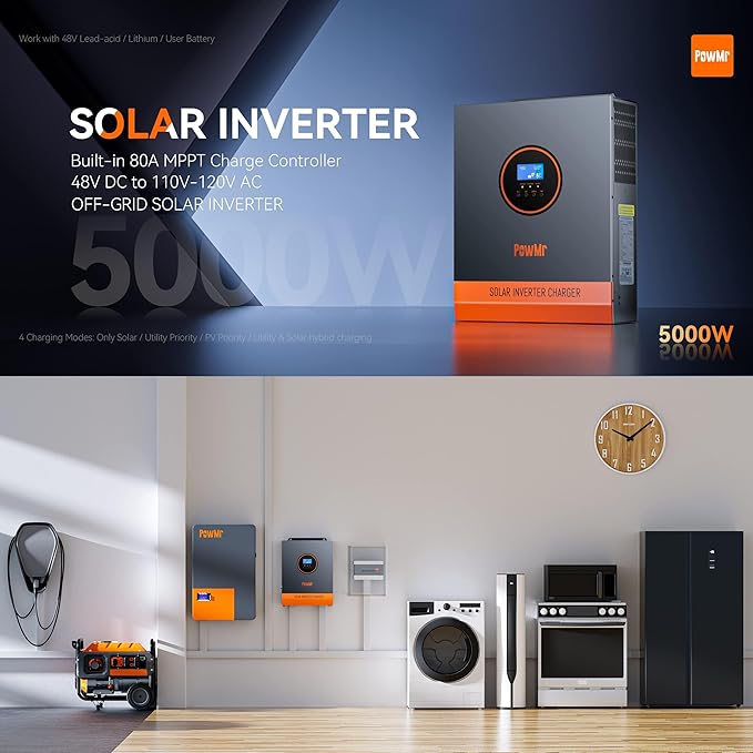 PowMr 5000W Solar Inverter 48V DC to 110V AC, Pure Sine Wave Output with 80A MPPT Charge Controller, Max.PV Input 5500W, 500VDC, fit for 48V Lead-Acid and Lithium Batteries, RV,Off-Grid System